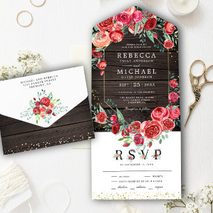 Invitation Tout En Un Mariage Fleurs Rouges Modernes Grange en Bois