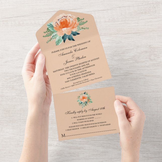 Invitation Tout En Un Mariage floral à l'aquarelle (Déchirure)