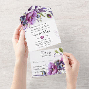 Invitation Tout En Un Mariage floral aquarelle prune et violet pastel