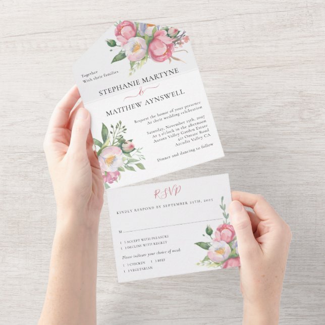 Invitation Tout En Un Mariage Floral Aquarelle Rose Moderne (Déchirure)