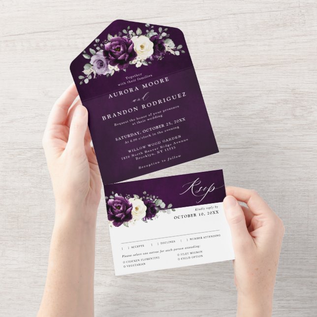 Invitation Tout En Un Mariage floral blanc blanc blanc blanc d'aubergine (Déchirure)