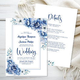 Invitation Tout en un Mariage Floral Bleu
