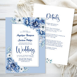 Invitation Tout en un Mariage Floral Bleu