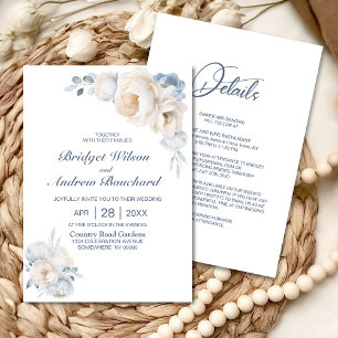Invitation Tout en un Mariage floral bleu blanc Dusty