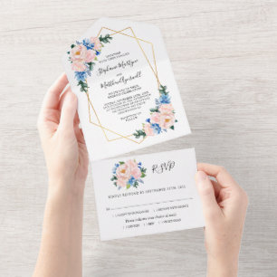 Invitation Tout En Un Mariage floral bleu bleu clair géométrique