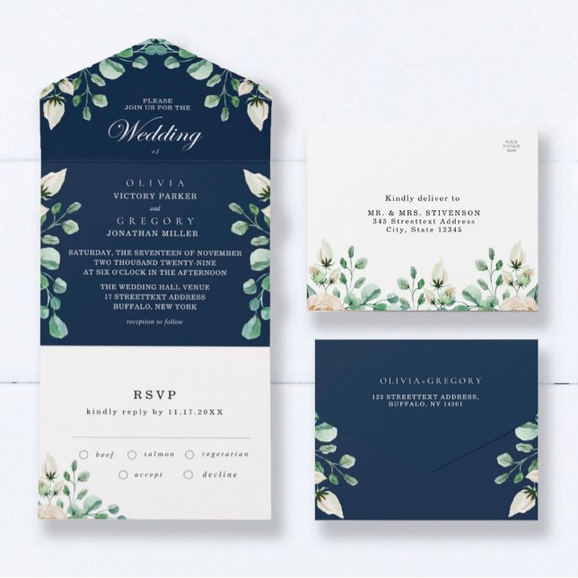 Invitation Tout En Un Mariage Floral Bleu de la Marine tous en une invit (Créateur téléchargé)