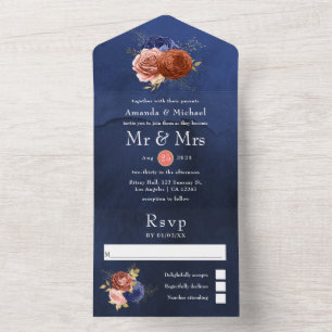 Invitation Tout En Un Mariage floral bleu marine et corail tout en un In