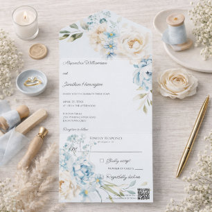 Invitation Tout En Un Mariage Floral Bleu sur Fond Bleu Élégant et Doux