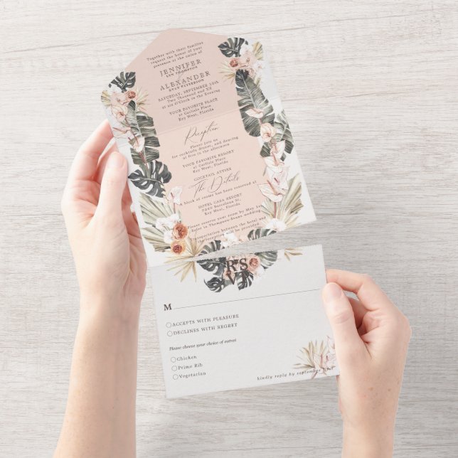 Invitation Tout En Un Mariage floral bohème tropical pâle (Déchirure)