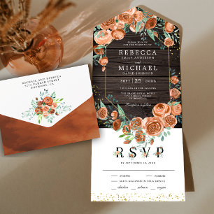 Invitation Tout En Un Mariage Floral Bois Orange Brûlé Terreux Moderne