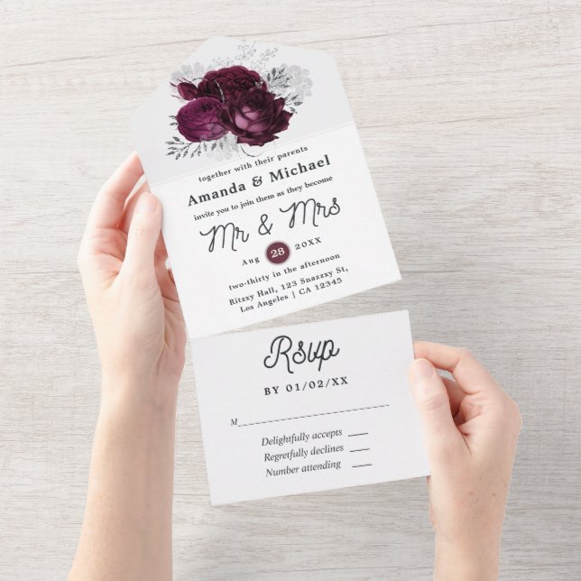 Invitation Tout En Un Mariage floral bordeaux et argent (Déchirure)