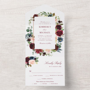Invitation Tout En Un mariage floral bordeaux et bleu