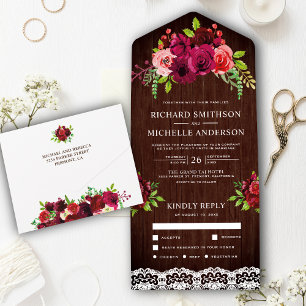 Invitation Tout En Un Mariage Floral Bourgeois en Bois Rustique Bourgogn