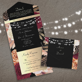 Invitation Tout En Un Mariage Floral Bourgogne et Gothique Noir