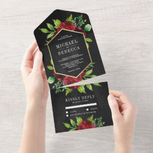 Invitation Tout En Un Mariage Floral Bourgogne Noir Or Rustique