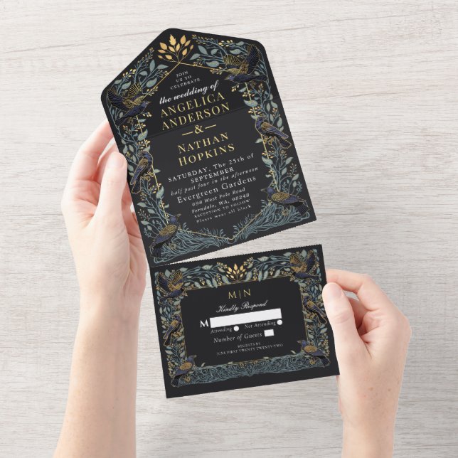 Invitation Tout En Un Mariage floral corbeau gothique enchanté (Déchirure)