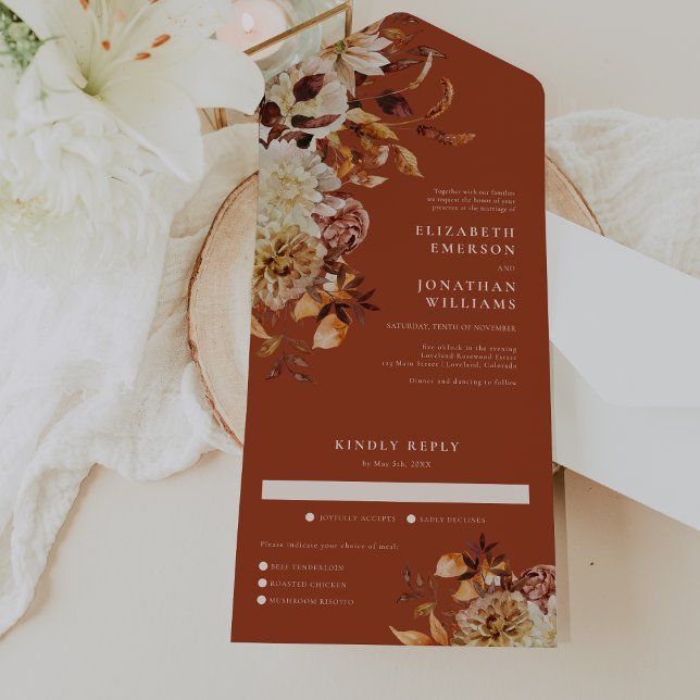 Invitation Tout En Un Mariage floral d'automne (Autumn Terracotta Floral Wedding All In One Invitation by Painted Paperie
)