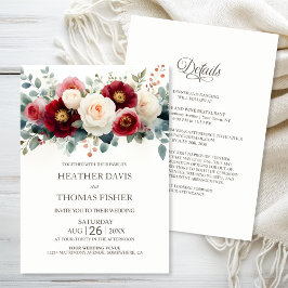 Invitation Tout en un Mariage floral de Bourgogne et blanc
