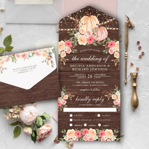 Invitation Tout En Un Mariage Floral de Citrouille Rose et Pêche en Bois
