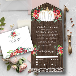 Invitation Tout En Un Mariage Floral de Pompier Blanc et Or Bourgogne