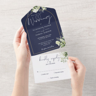 Invitation Tout En Un Mariage Floral de Verdure Bleu Nuit et Or Arch