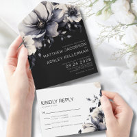 Mariage Floral Élégant Moderne Noir Blanc