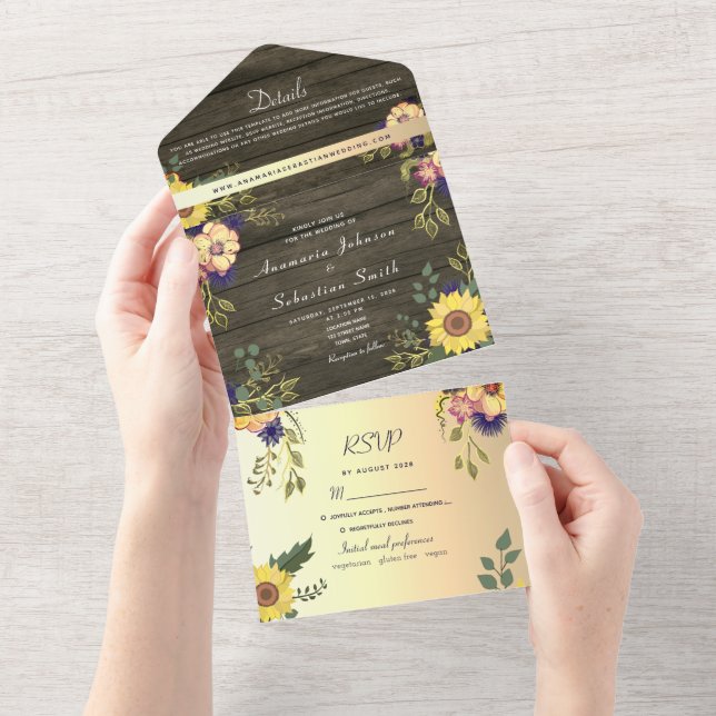 Invitation Tout En Un Mariage Floral en bois rustique (Déchirure)