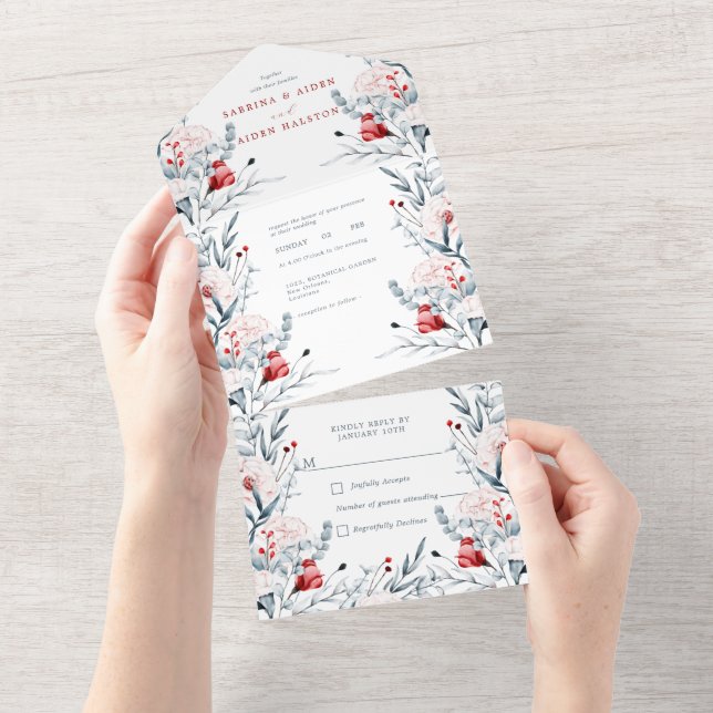 Invitation Tout En Un Mariage Floral Fleur Rouge Et Bleu (Déchirure)