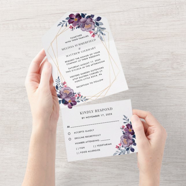 Invitation Tout En Un Mariage Floral Géométrique Fleurir Violet (Déchirure)