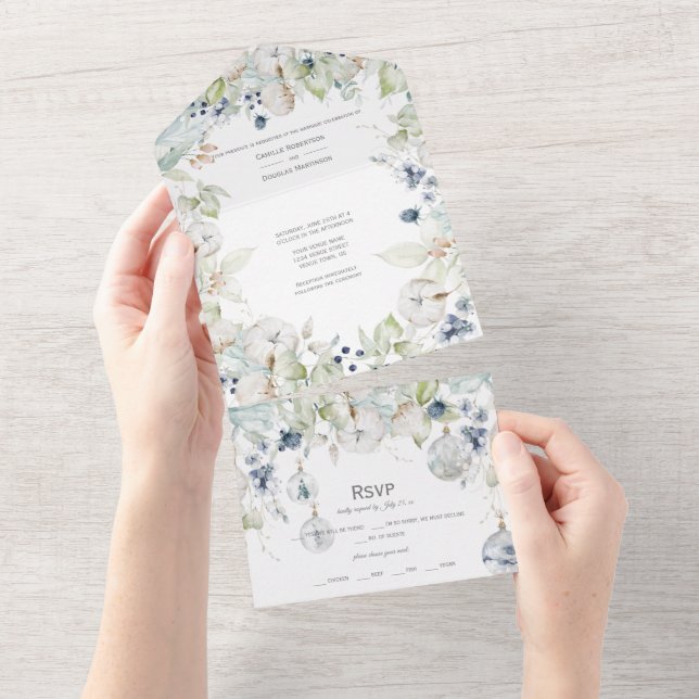 Invitation Tout En Un Mariage Floral Hivernal Vert Sauge et Bleu Poussié (Déchirure)