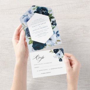Invitation Tout En Un Mariage floral marine et bleu clair