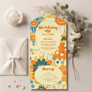 Invitation Tout En Un Mariage floral moderne groovy jaune et orange de m