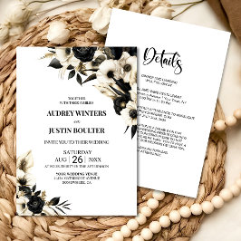 Invitation Tout en un Mariage Floral noir et blanc