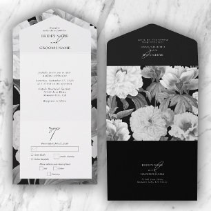 Invitation Tout En Un Mariage floral noir et blanc Peonies d'aquarelle