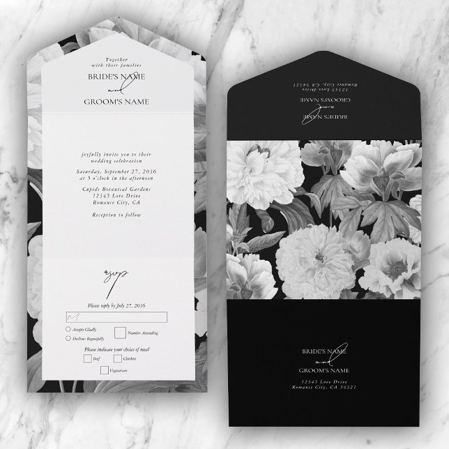 Invitation Tout En Un Mariage floral noir et blanc Peonies d'aquarelle (Black & White Peonies Watercolor Floral Wedding All In One Invitation)