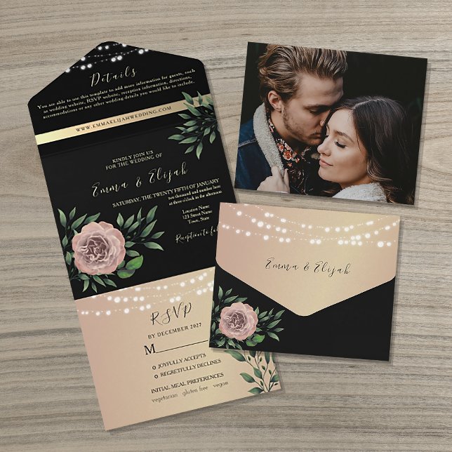 Invitation Tout En Un Mariage floral noir et rose rustique (Créateur téléchargé)