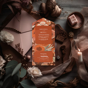 Invitation Tout En Un Mariage floral orange brûlé rétro groovy