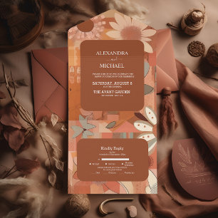 Invitation Tout En Un Mariage floral orange brûlé rétro groovy