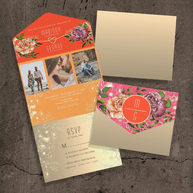 Invitation Tout En Un Mariage floral orange et rose (Créateur téléchargé)