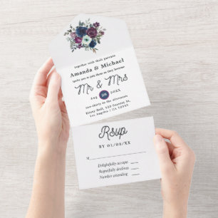 Invitation Tout En Un Mariage floral prune et marine