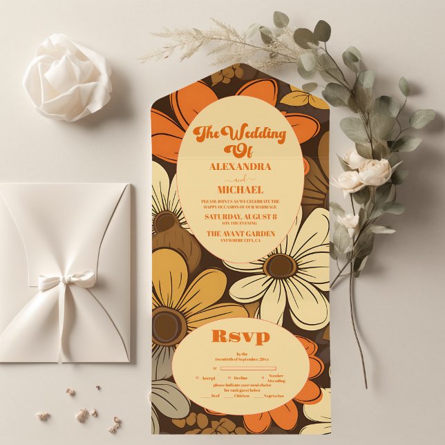 Invitation Tout En Un Mariage floral rétro des années 70 (Créateur téléchargé)