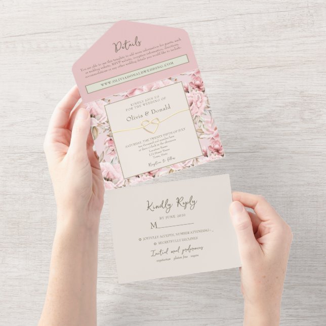 Invitation Tout En Un Mariage floral rose (Déchirure)