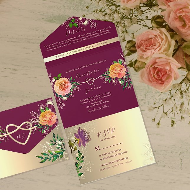 Invitation Tout En Un Mariage Floral Rose chaud (Créateur téléchargé)
