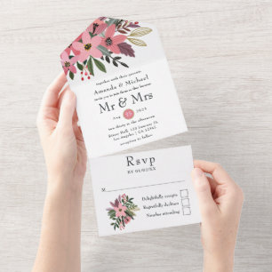 Invitation Tout En Un Mariage floral rose et or prune
