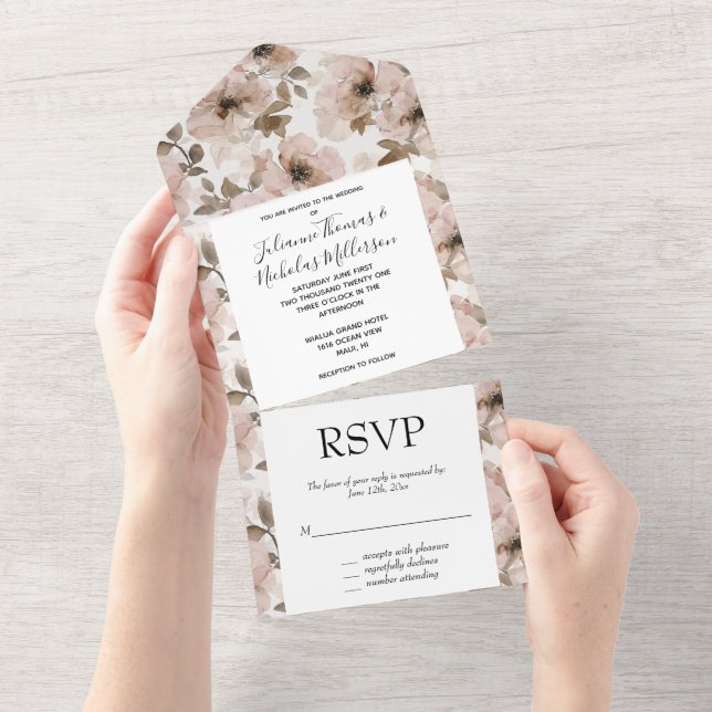 Invitation Tout En Un Mariage floral rose occidental (Déchirure)