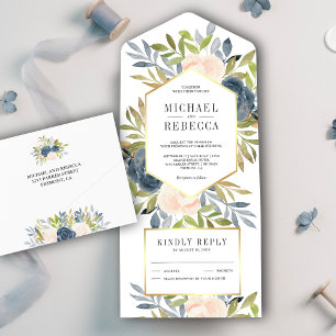 Invitation Tout En Un Mariage Floral Rose Pâle et Bleu Poussiéreux Rusti