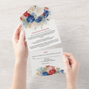 Invitation Tout En Un Mariage Floral Rouge Blanc & Bleu du 4 juillet