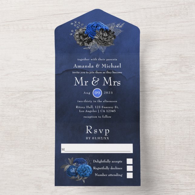Invitation Tout En Un Mariage Floral Royal Bleu, Noir et Argent (À l'intérieur)