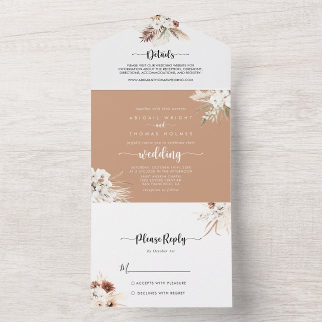 Invitation Tout En Un Mariage floral rustique Boho élégant (À l'intérieur)