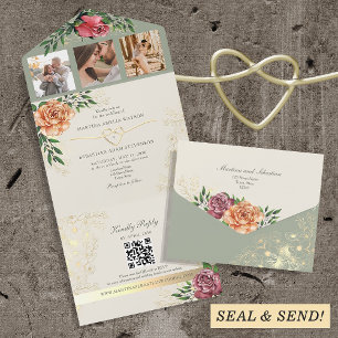 Invitation Tout En Un Mariage Floral Rustique Boho Peach et Vert Sauge